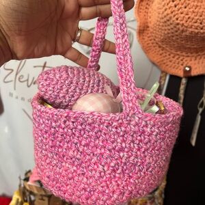 Handmade Pink Crochet Easter Basket with large crochet stuffed egg